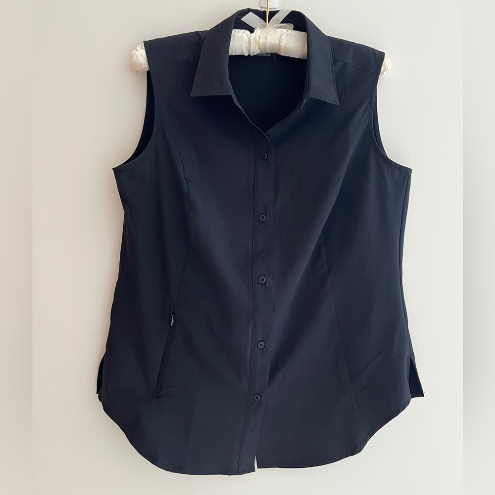 EDDIE BAUER Sleeveless Button Front Tech Shirt Stretch Zipper Pocket Travel